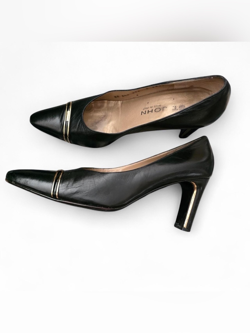 St. John Black Leather Pointed Toe Pumps with Gold Accent